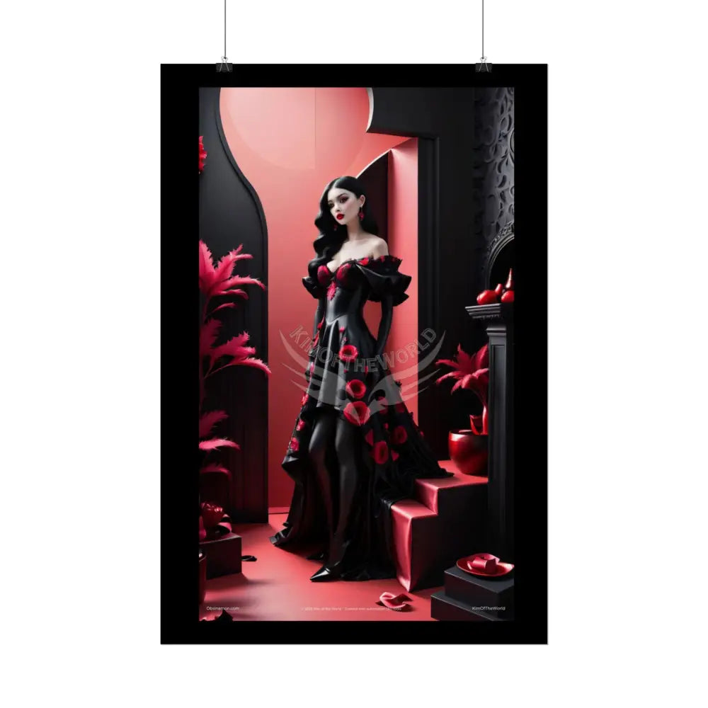 Red Light District Gothic Fashion Floral Lace Lady Woman Black & Red Satin 3D Moon Art Poster — Black & Red Fashion