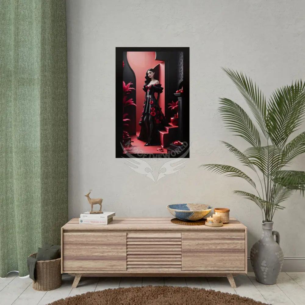 Red Light District Gothic Fashion Floral Lace Lady Woman Black & Red Satin 3D Moon Art Poster — Black & Red Fashion