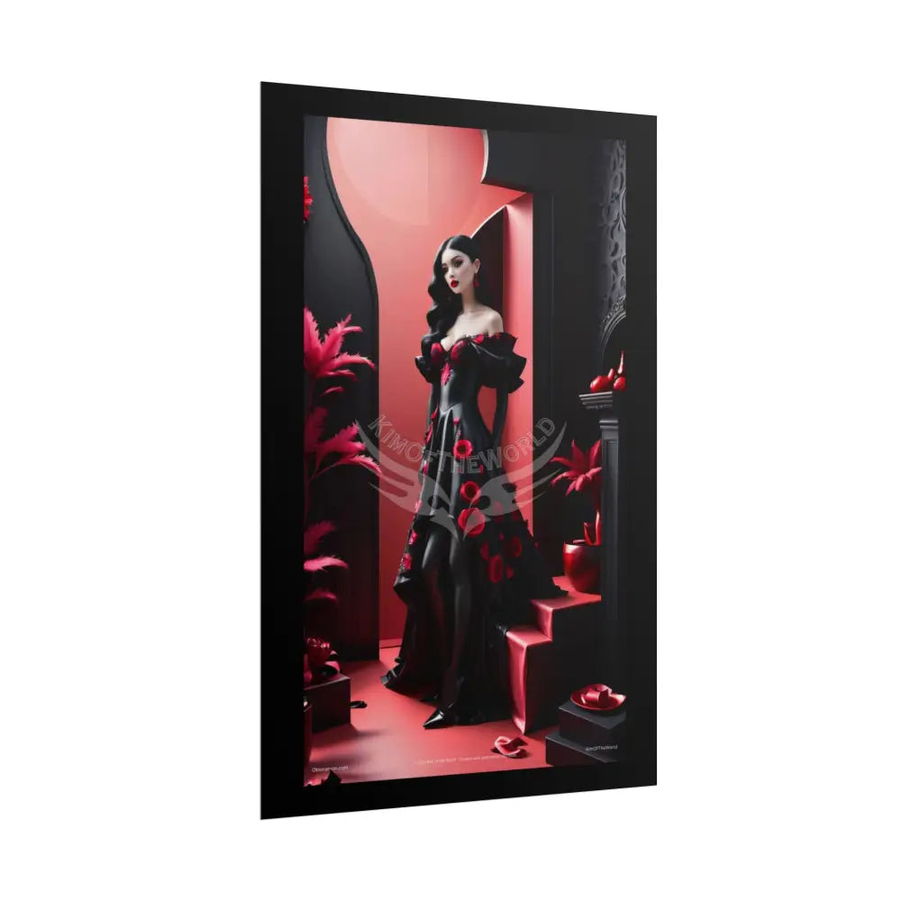 Red Light District Gothic Fashion Floral Lace Lady Woman Black & Red Satin 3D Moon Art Poster — Black & Red Fashion