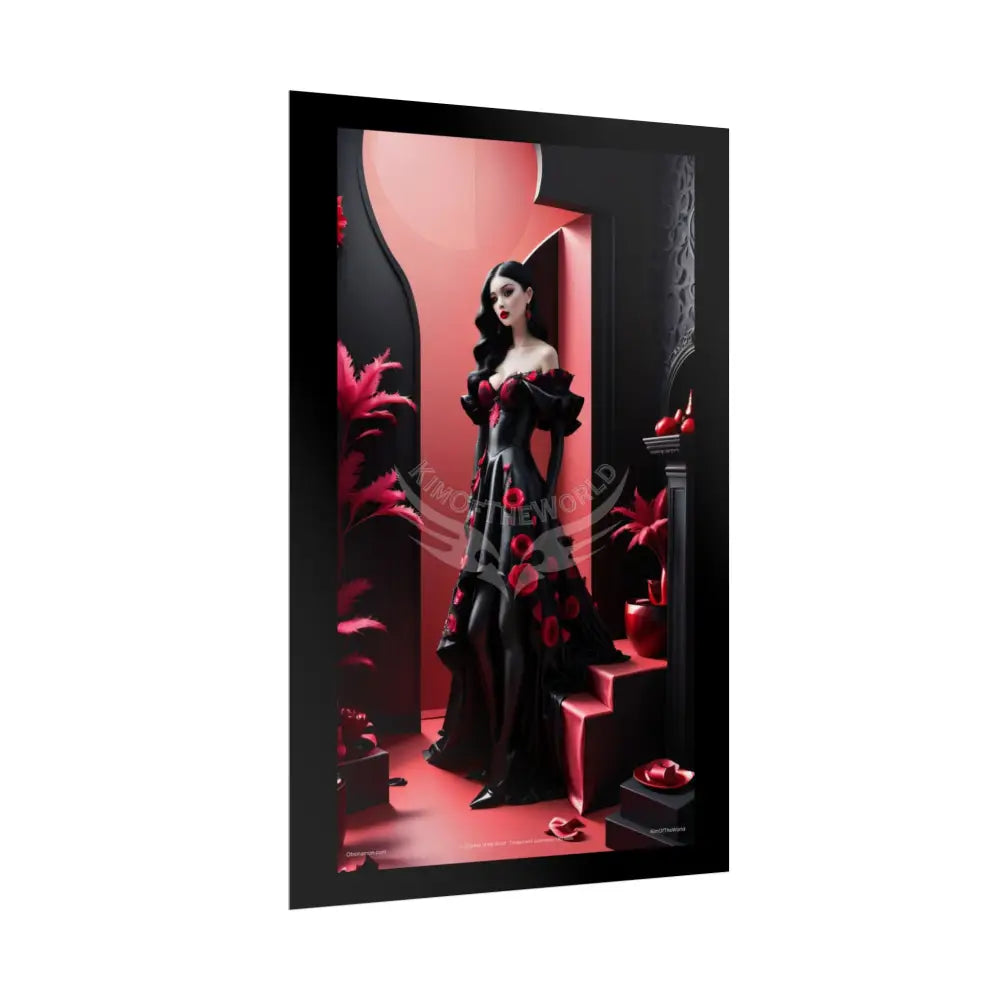 Red Light District Gothic Fashion Floral Lace Lady Woman Black & Red Satin 3D Moon Art Poster — Black & Red Fashion