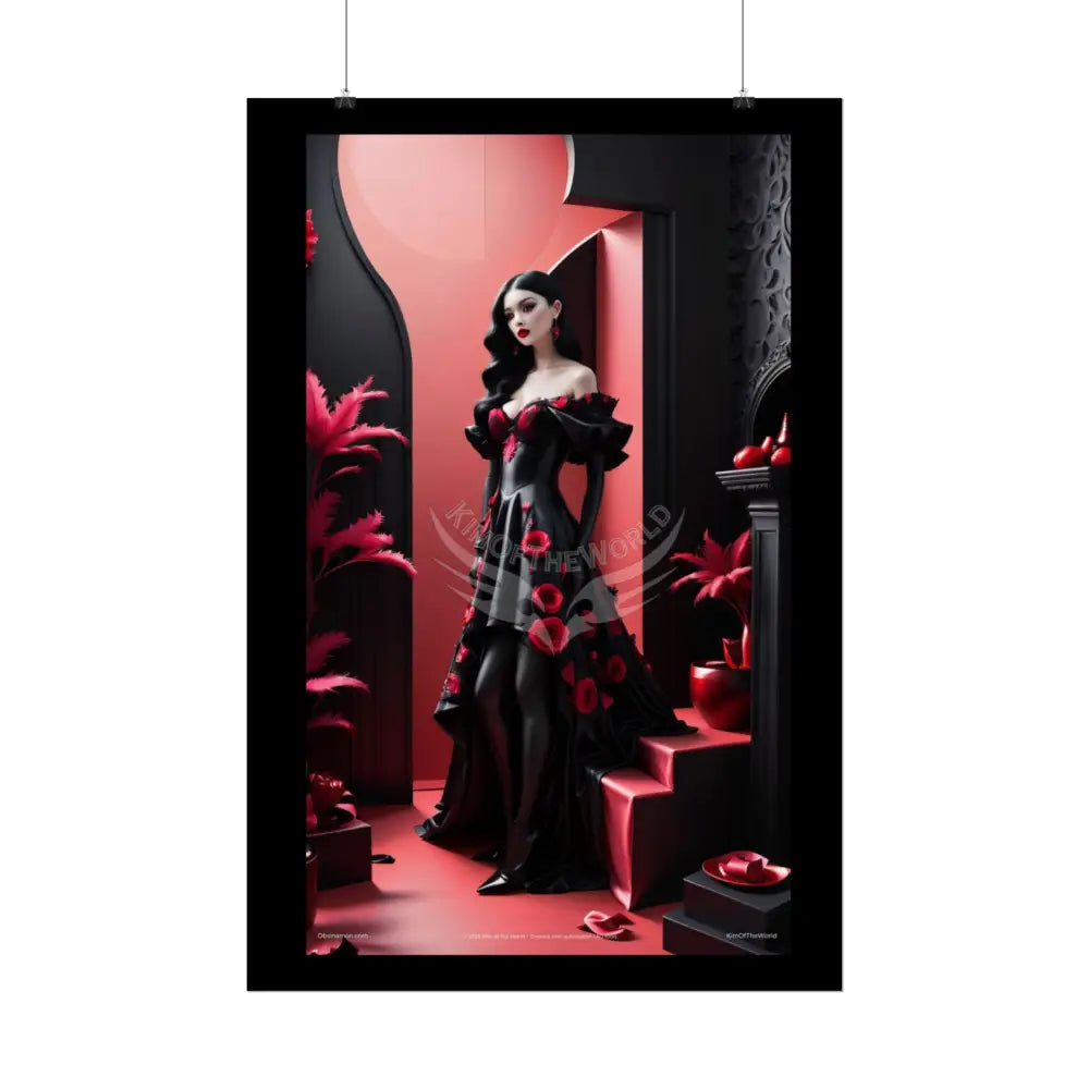 Red Light District Gothic Fashion Floral Lace Lady Woman Black & Red Satin 3D Moon Art Poster — Black & Red Fashion