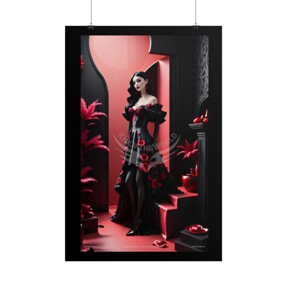 Red Light District Gothic Fashion Floral Lace Lady Woman Black & Red Satin 3D Moon Art Poster — Black & Red Fashion