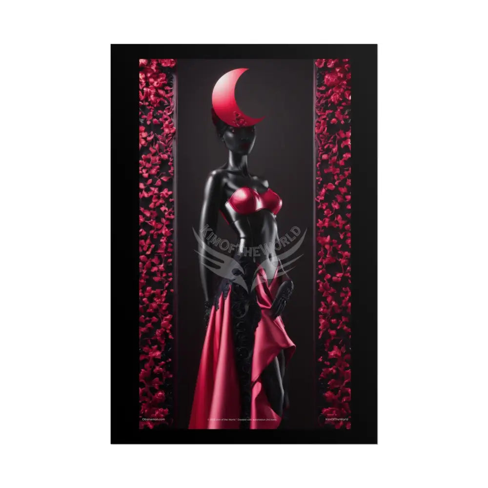 Red Light District Gothic Fashion Floral Lace Lady Woman Black & Red Satin Queen 3D Moon Art Poster — Black & Red