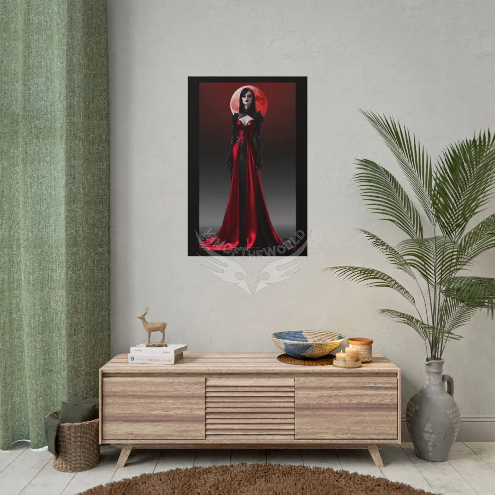 Red Light District Gothic Fashion Floral Black Queen Lady Woman Black & Red Satin 3D Moon Art Poster — Black & Red