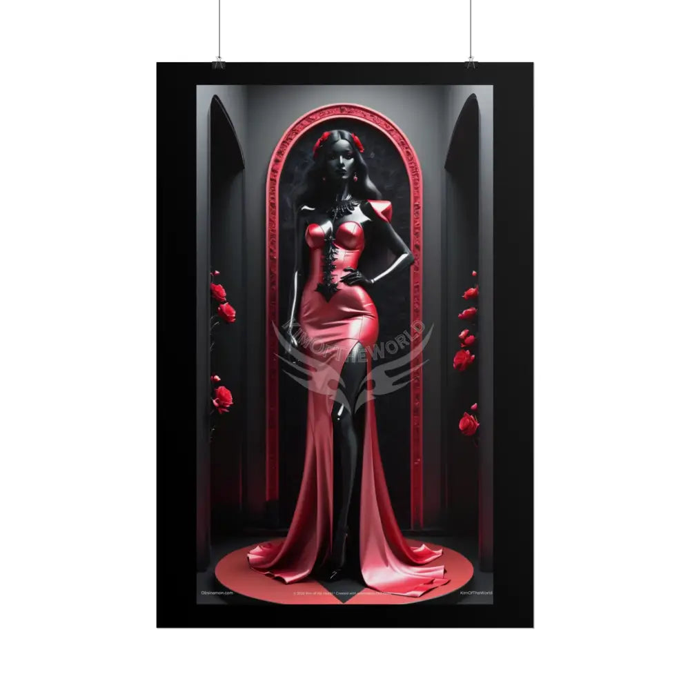 Red Light District Gothic Fashion Floral Red Glass Lady Woman Black & Red Satin 3D Moon Art Poster — Black & Red