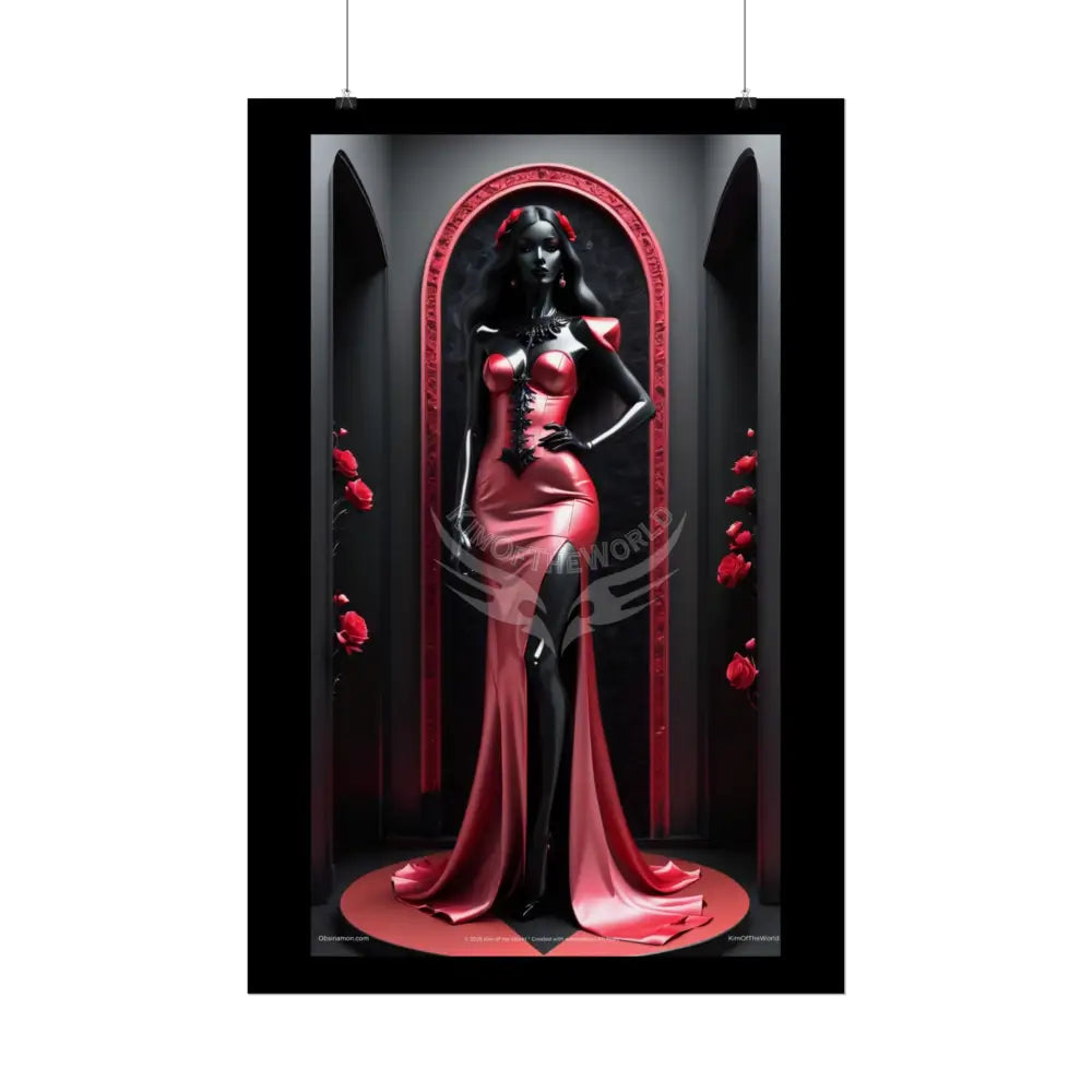 Red Light District Gothic Fashion Floral Red Glass Lady Woman Black & Red Satin 3D Moon Art Poster — Black & Red