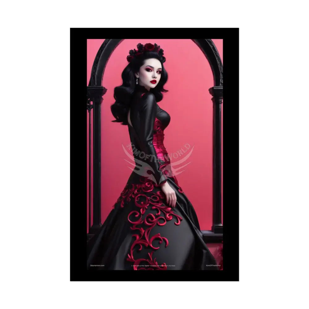 Red Light District Gothic Fashion Floral Lace Lady Woman Black & Red Satin 3D Moon Art Poster — Black & Red Fashion