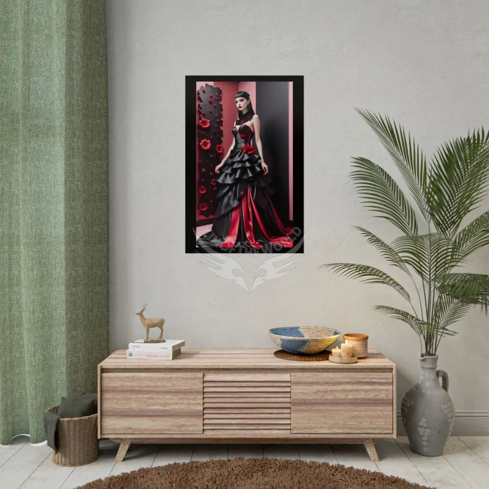 Red Light District Gothic Fashion Floral Lace Lady Woman Black & Red Satin 3D Moon Art Poster — Black & Red Fashion