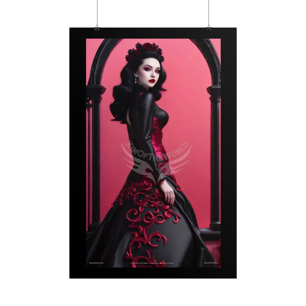 Red Light District Gothic Fashion Floral Lace Lady Woman Black & Red Satin 3D Moon Art Poster — Black & Red Fashion