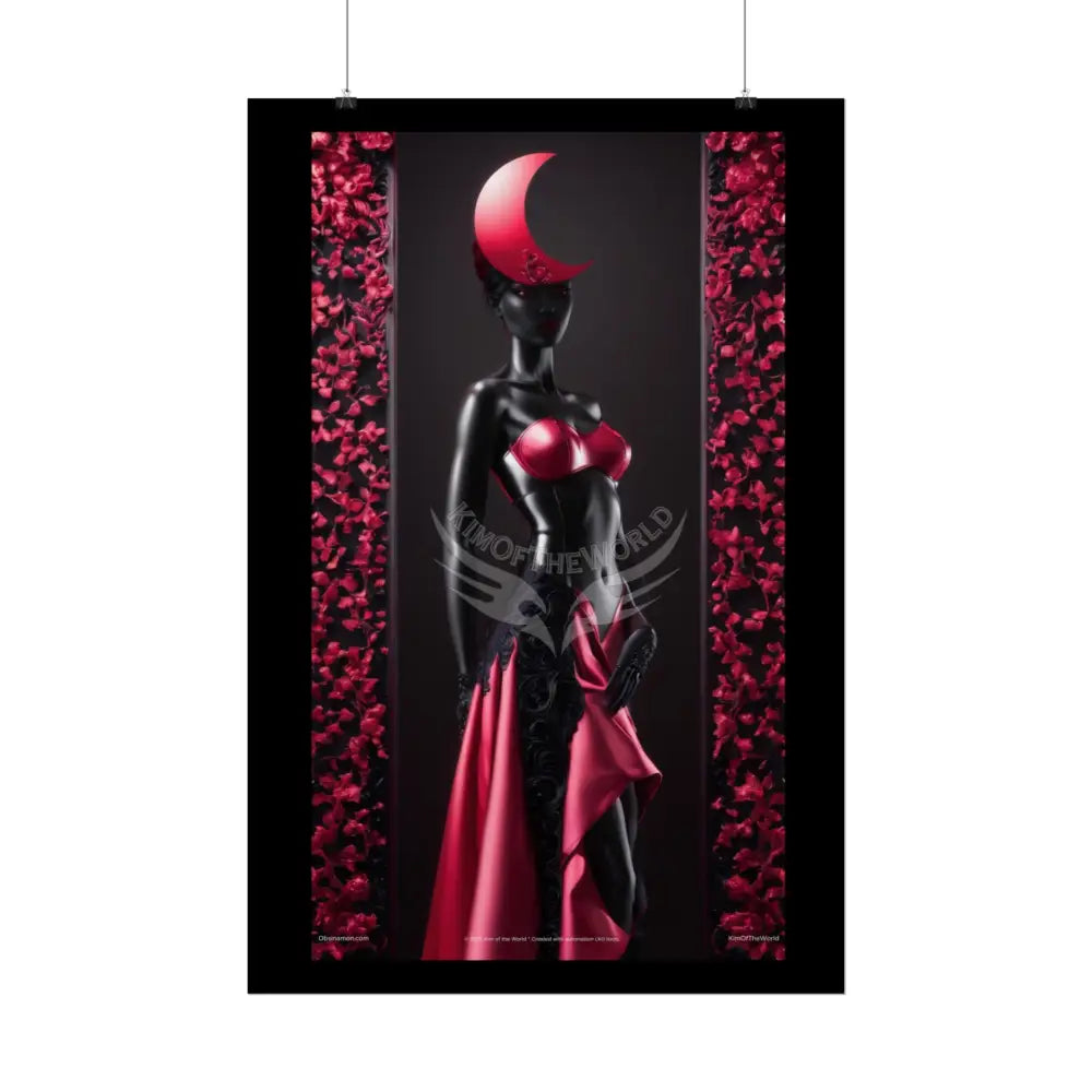 Red Light District Gothic Fashion Floral Lace Lady Woman Black & Red Satin Queen 3D Moon Art Poster — Black & Red