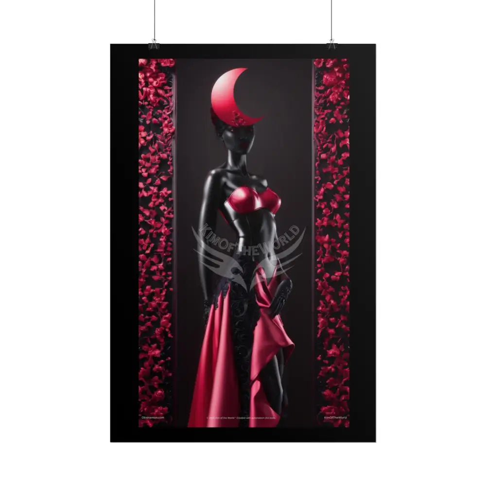 Red Light District Gothic Fashion Floral Lace Lady Woman Black & Red Satin Queen 3D Moon Art Poster — Black & Red