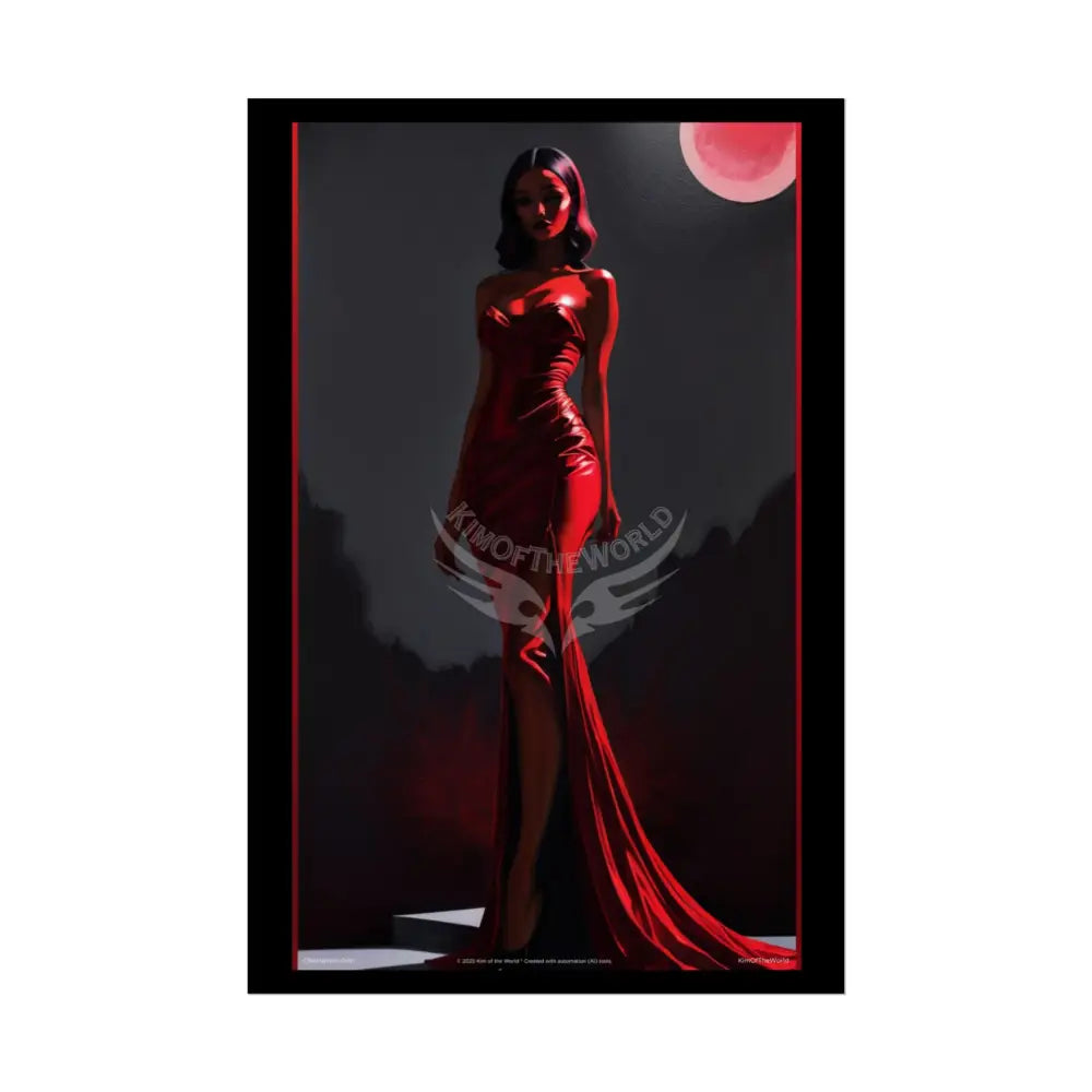 Red Light Gothic Fashion Floral Lady Woman Black & Red Satin 3D Moon Art Poster — Black & Red Fashion Bedroom Prints