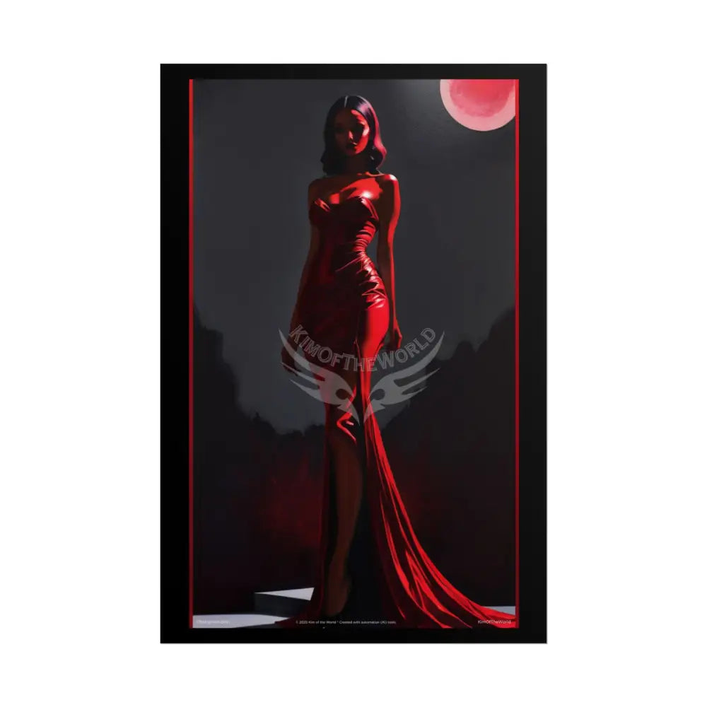 Red Light Gothic Fashion Floral Lady Woman Black & Red Satin 3D Moon Art Poster — Black & Red Fashion Bedroom Prints
