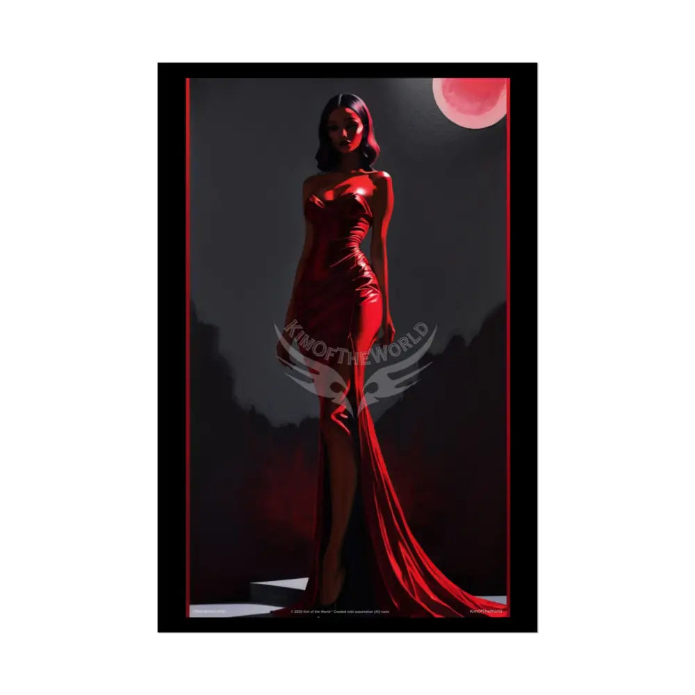 Red Light Gothic Fashion Floral Lady Woman Black & Red Satin 3D Moon Art Poster — Black & Red Fashion Bedroom Prints