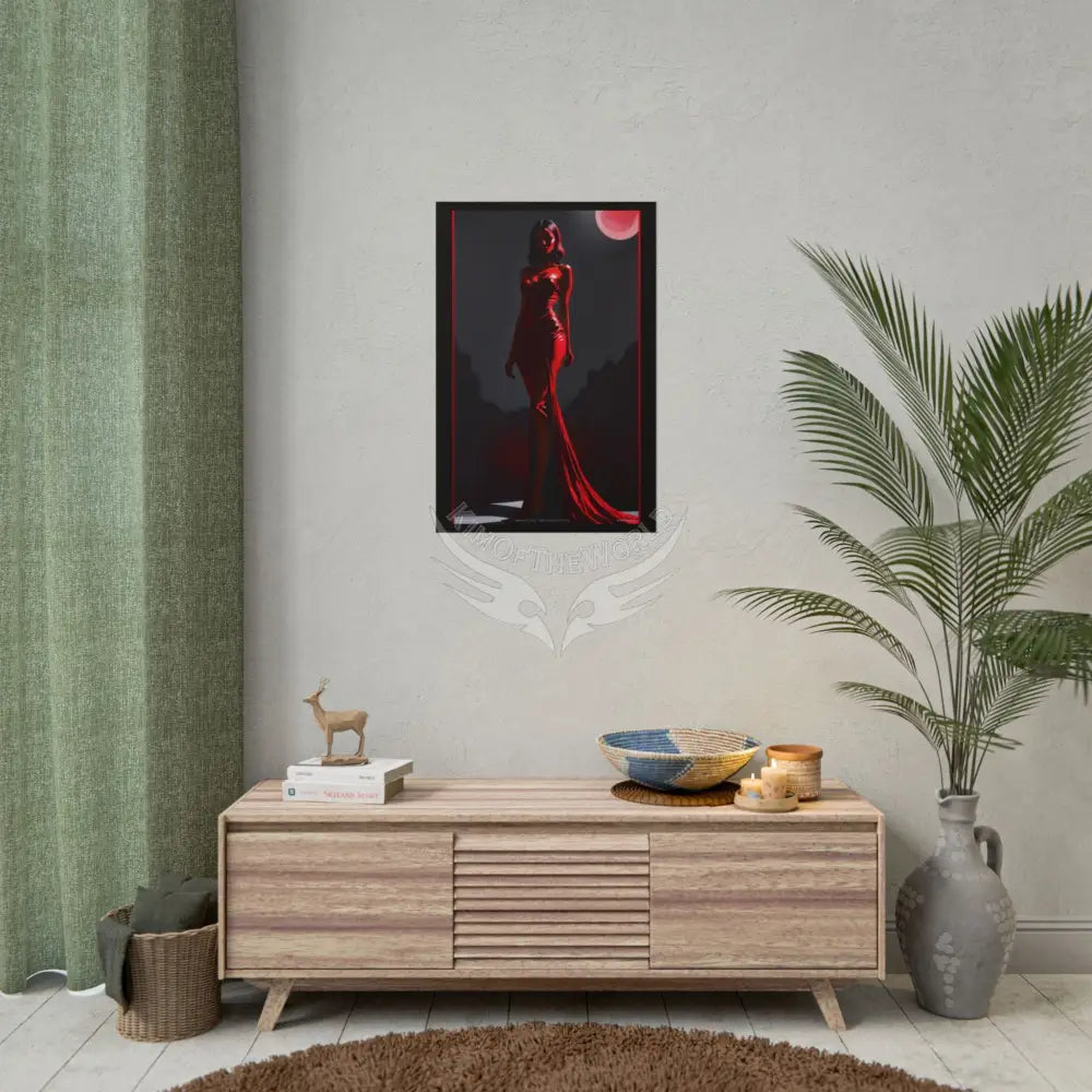 Red Light Gothic Fashion Floral Lady Woman Black & Red Satin 3D Moon Art Poster — Black & Red Fashion Bedroom Prints
