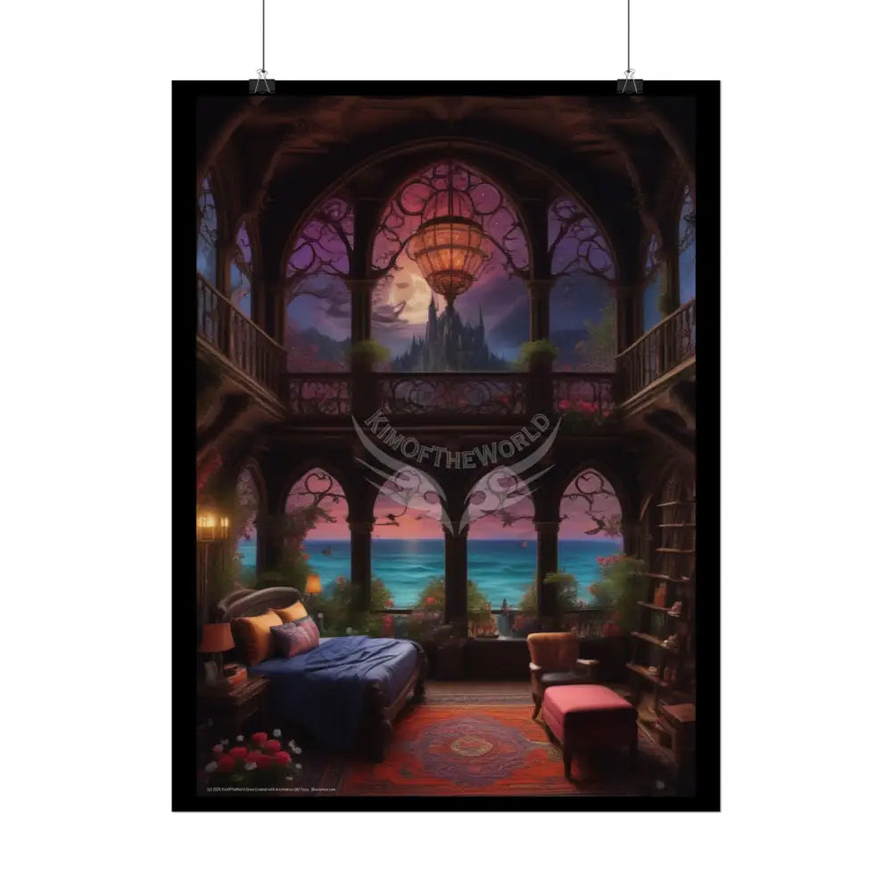 Renaissance Fantasy Gothic Palace Beach Bed Interior Rolled Poster — Antique Bedroom with Scenic Window Views Poster