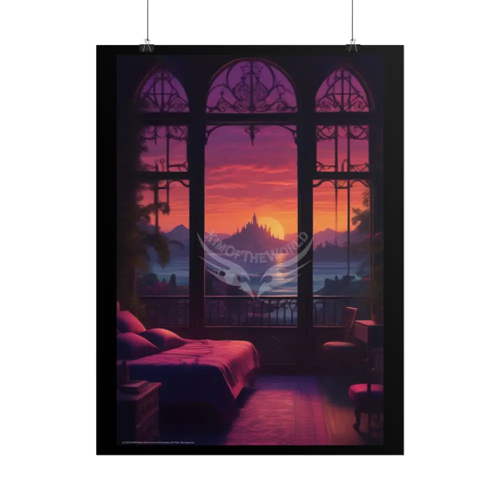 Renaissance Fantasy Gothic Palace Beach Bed Interior Rolled Poster — Antique Bedroom with Scenic Window Views Poster
