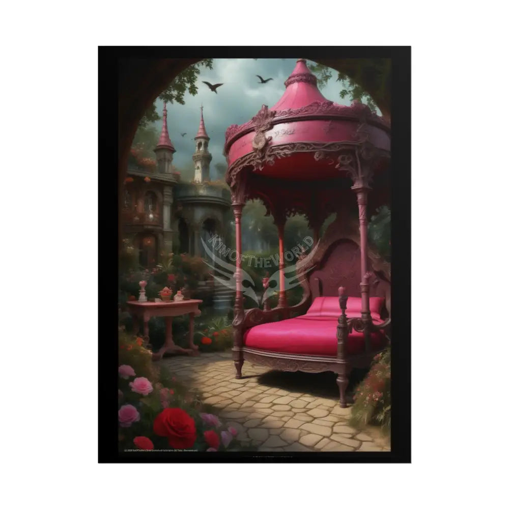 Renaissance Fantasy Gothic Palace Beach Bed Interior Rolled Poster — Antique Bedroom with Scenic Window Views 18″ x 24″