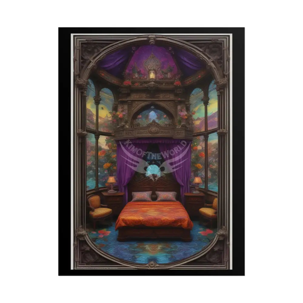 Renaissance Fantasy Gothic Palace Beach Bed Interior Rolled Poster — Antique Bedroom with Scenic Window Views 18″ x 24″