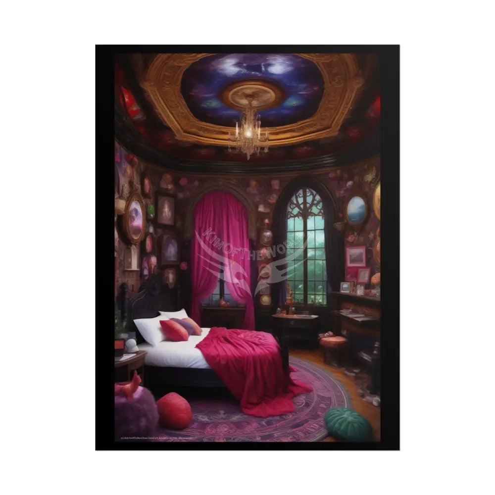Renaissance Fantasy Gothic Palace Beach Bed Interior Rolled Poster — Antique Bedroom with Scenic Window Views 18″ x 24″