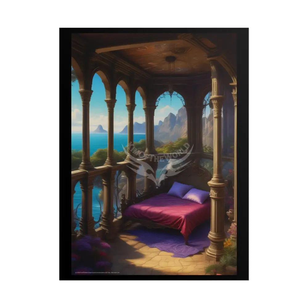 Renaissance Fantasy Gothic Palace Beach Bed Interior Rolled Poster — Antique Bedroom with Scenic Window Views 18″ x 24″