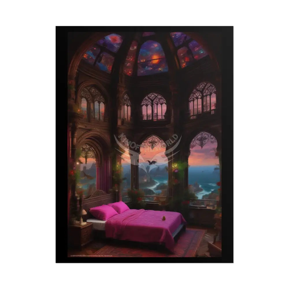 Renaissance Fantasy Gothic Palace Beach Bed Interior Rolled Poster — Antique Bedroom with Scenic Window Views 18″ x 24″
