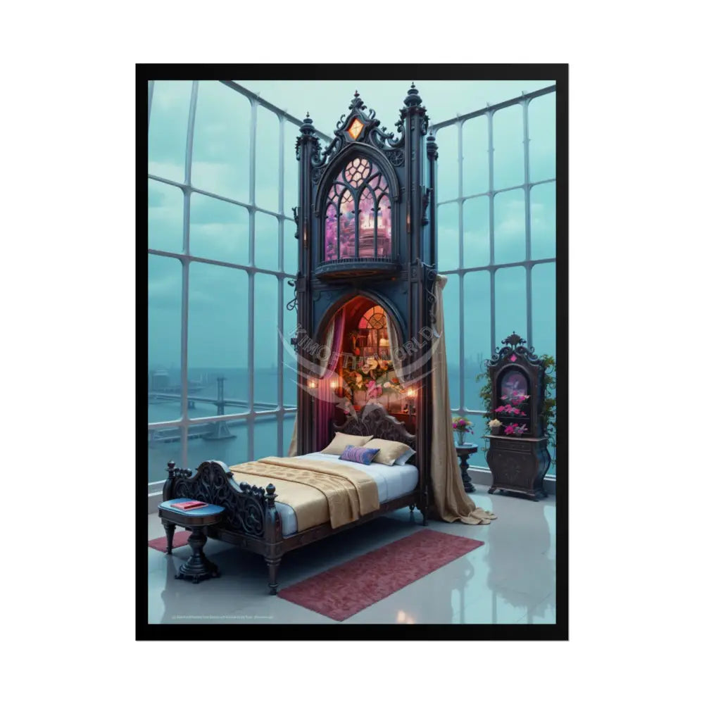 Renaissance Fantasy Gothic Palace Beach Bed Interior Rolled Poster — Antique Bedroom with Scenic Window Views 18″ x 24″