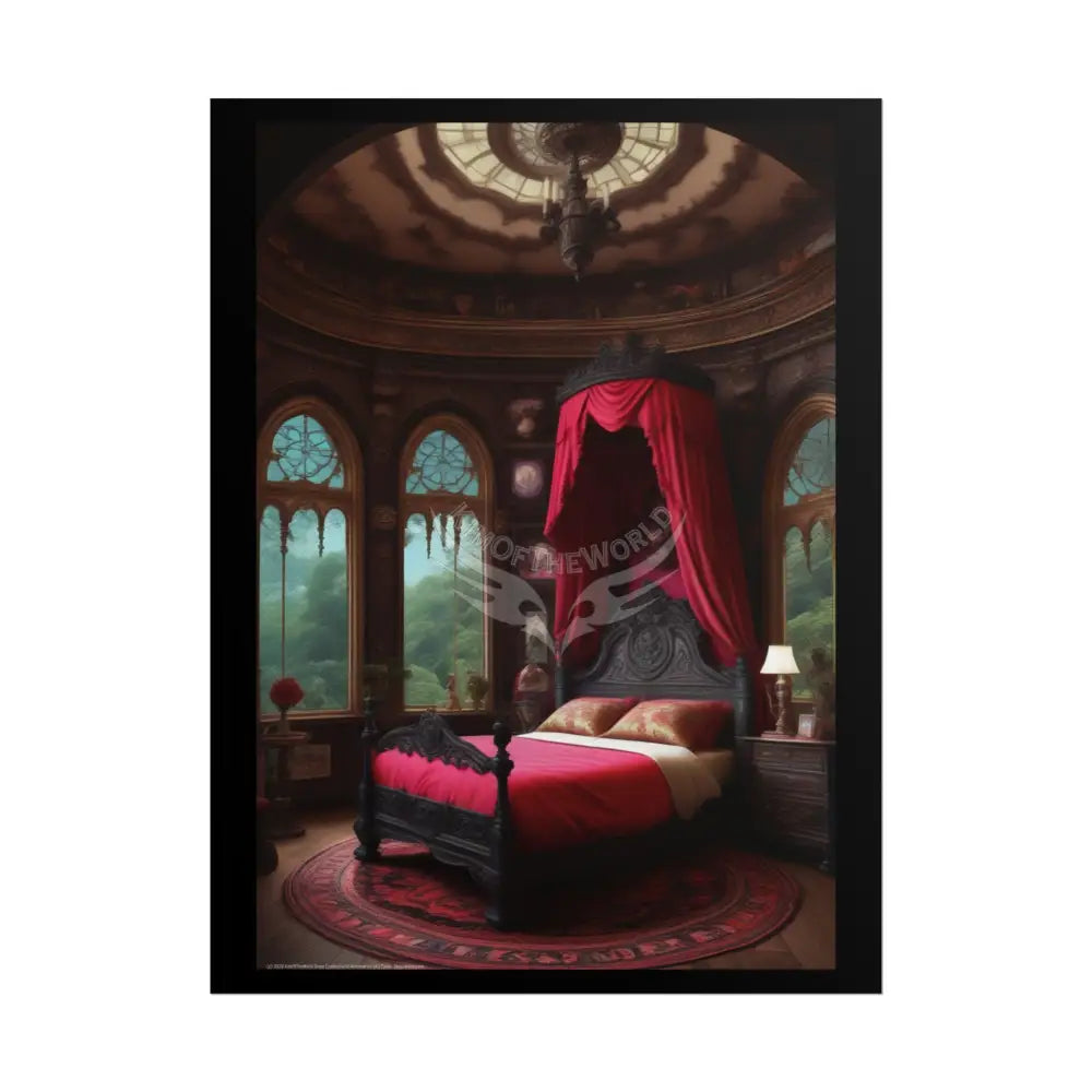 Renaissance Fantasy Gothic Palace Beach Bed Interior Rolled Poster — Antique Bedroom with Scenic Window Views 18″ x 24″