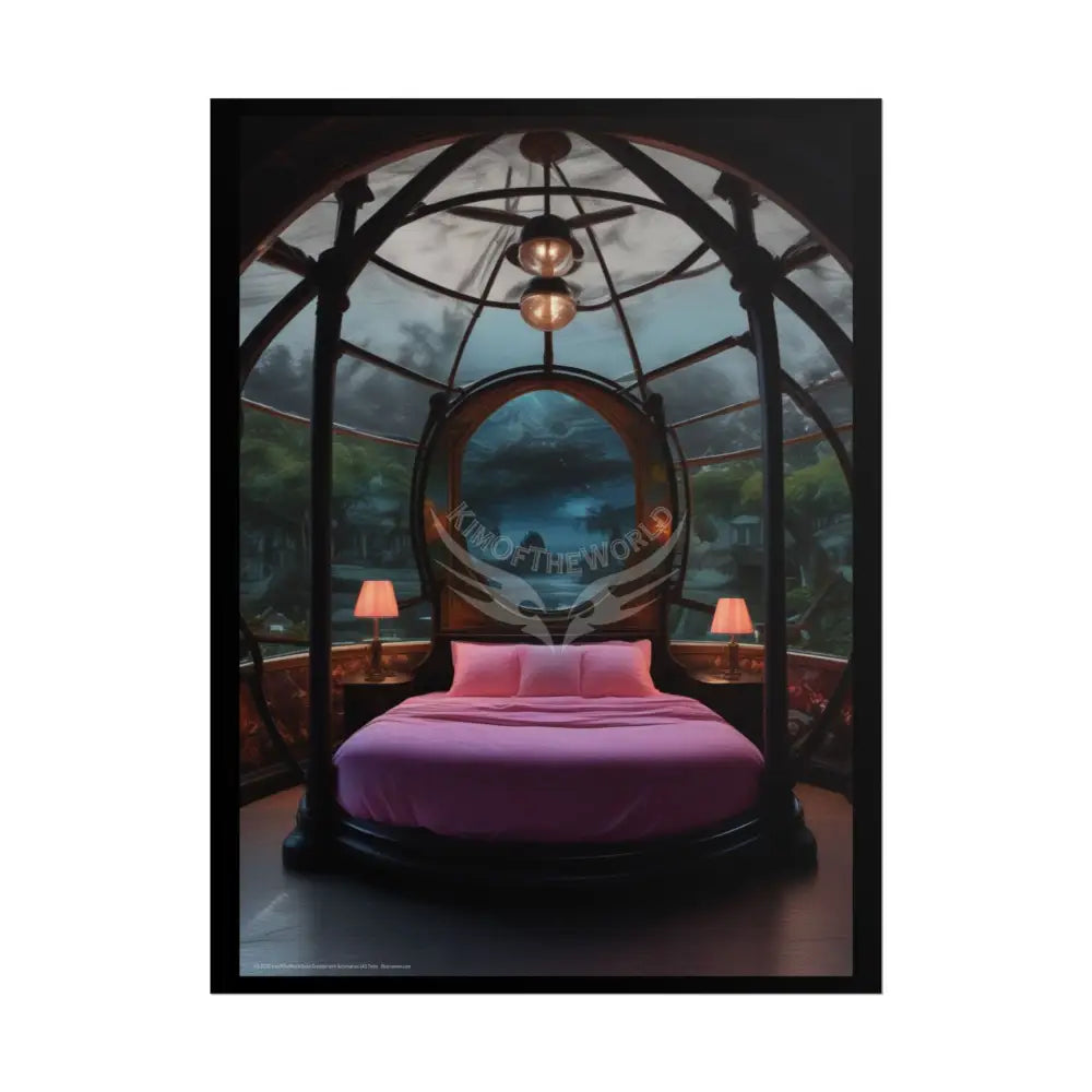 Renaissance Fantasy Gothic Palace Beach Bed Interior Rolled Poster — Antique Bedroom with Scenic Window Views 18″ x 24″