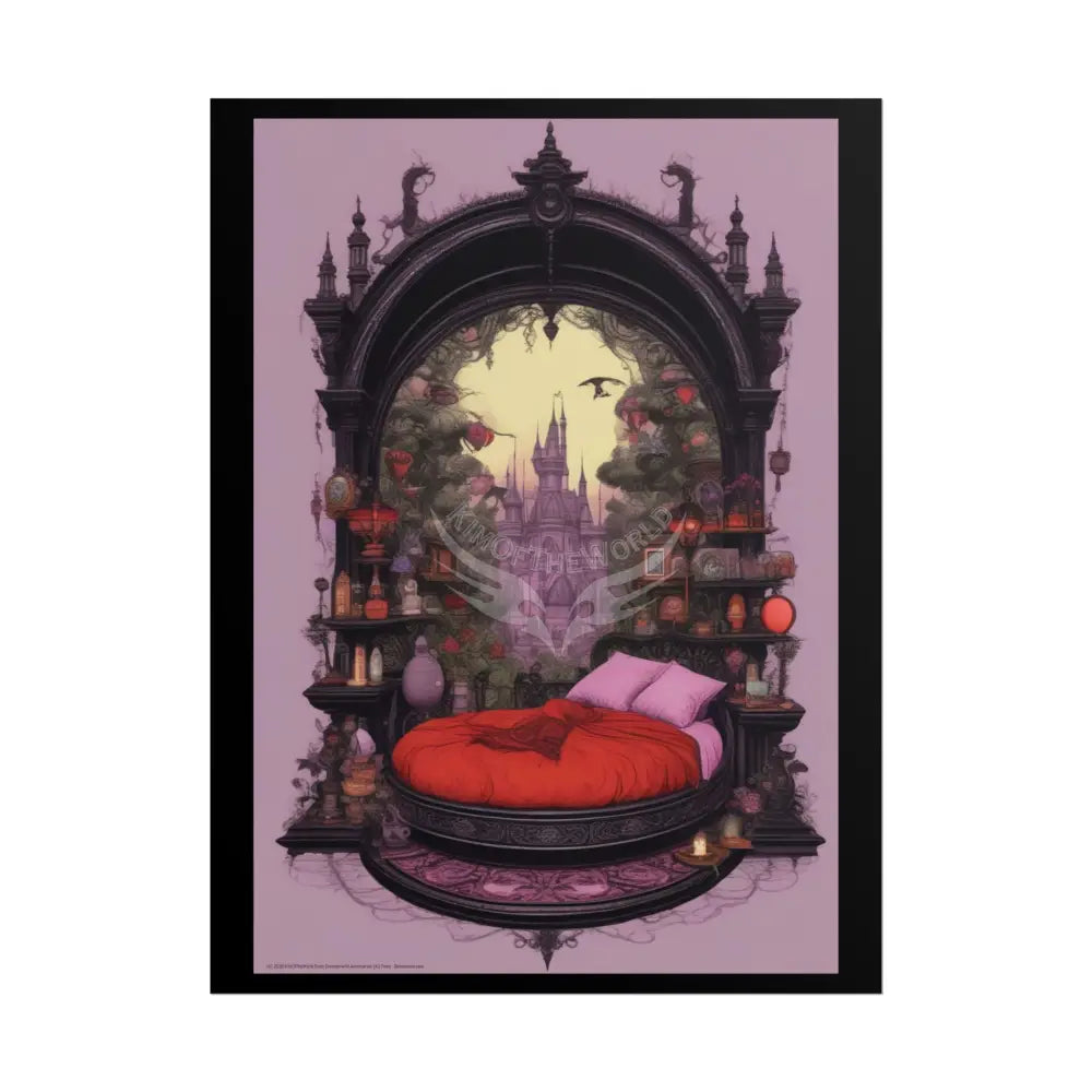Renaissance Fantasy Gothic Palace Beach Bed Interior Rolled Poster — Antique Bedroom with Scenic Window Views 18″ x 24″