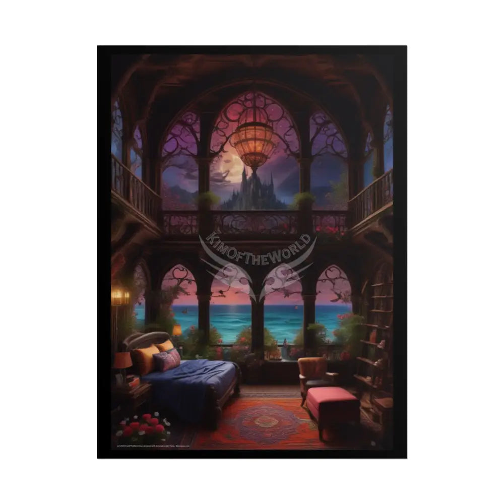 Renaissance Fantasy Gothic Palace Beach Bed Interior Rolled Poster — Antique Bedroom with Scenic Window Views 18″ x 24″