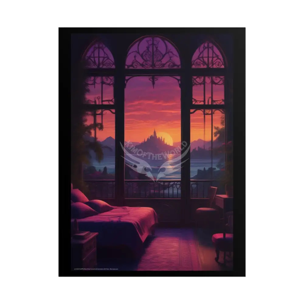 Renaissance Fantasy Gothic Palace Beach Bed Interior Rolled Poster — Antique Bedroom with Scenic Window Views 18″ x 24″