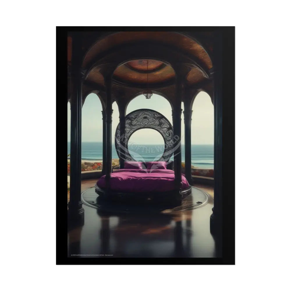 Renaissance Fantasy Gothic Palace Beach Bed Interior Rolled Poster — Antique Bedroom with Scenic Window Views 18″ x 24″