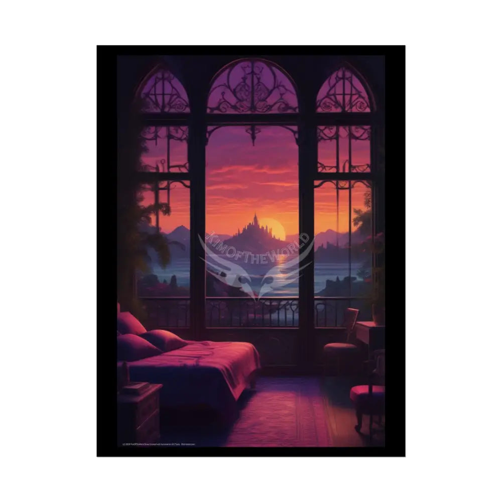 Renaissance Fantasy Gothic Palace Beach Bed Interior Rolled Poster — Antique Bedroom with Scenic Window Views 18″ x 24″