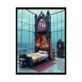 Renaissance Fantasy Gothic Palace Beach Bed Interior Rolled Poster — Antique Bedroom with Scenic Window Views 18″ x 24″