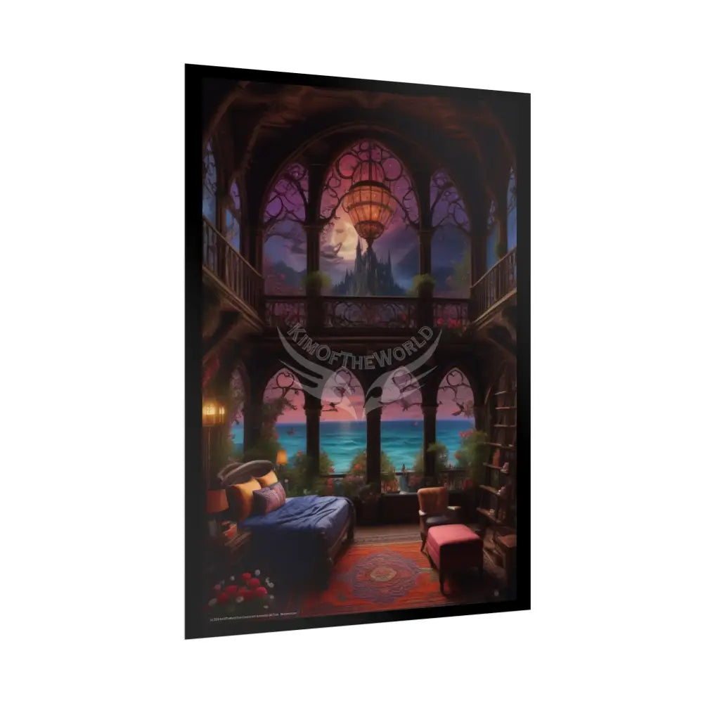 Renaissance Fantasy Gothic Palace Beach Bed Interior Rolled Poster — Antique Bedroom with Scenic Window Views Poster