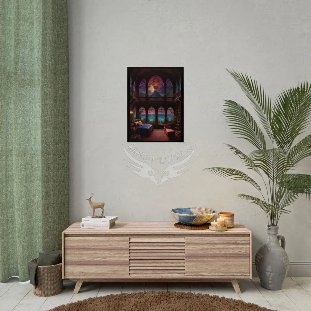 Renaissance Fantasy Gothic Palace Beach Bed Interior Rolled Poster — Antique Bedroom with Scenic Window Views Poster