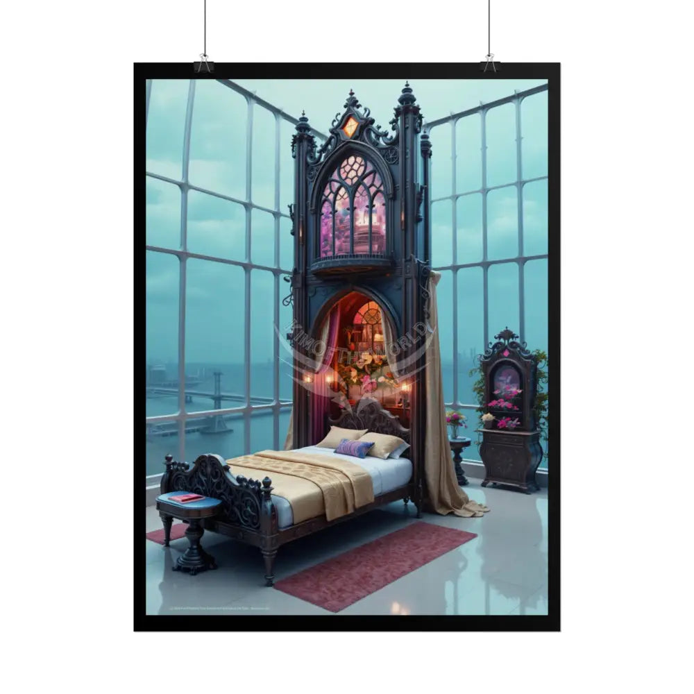 Renaissance Fantasy Gothic Palace Beach Bed Interior Rolled Poster — Antique Bedroom with Scenic Window Views Poster
