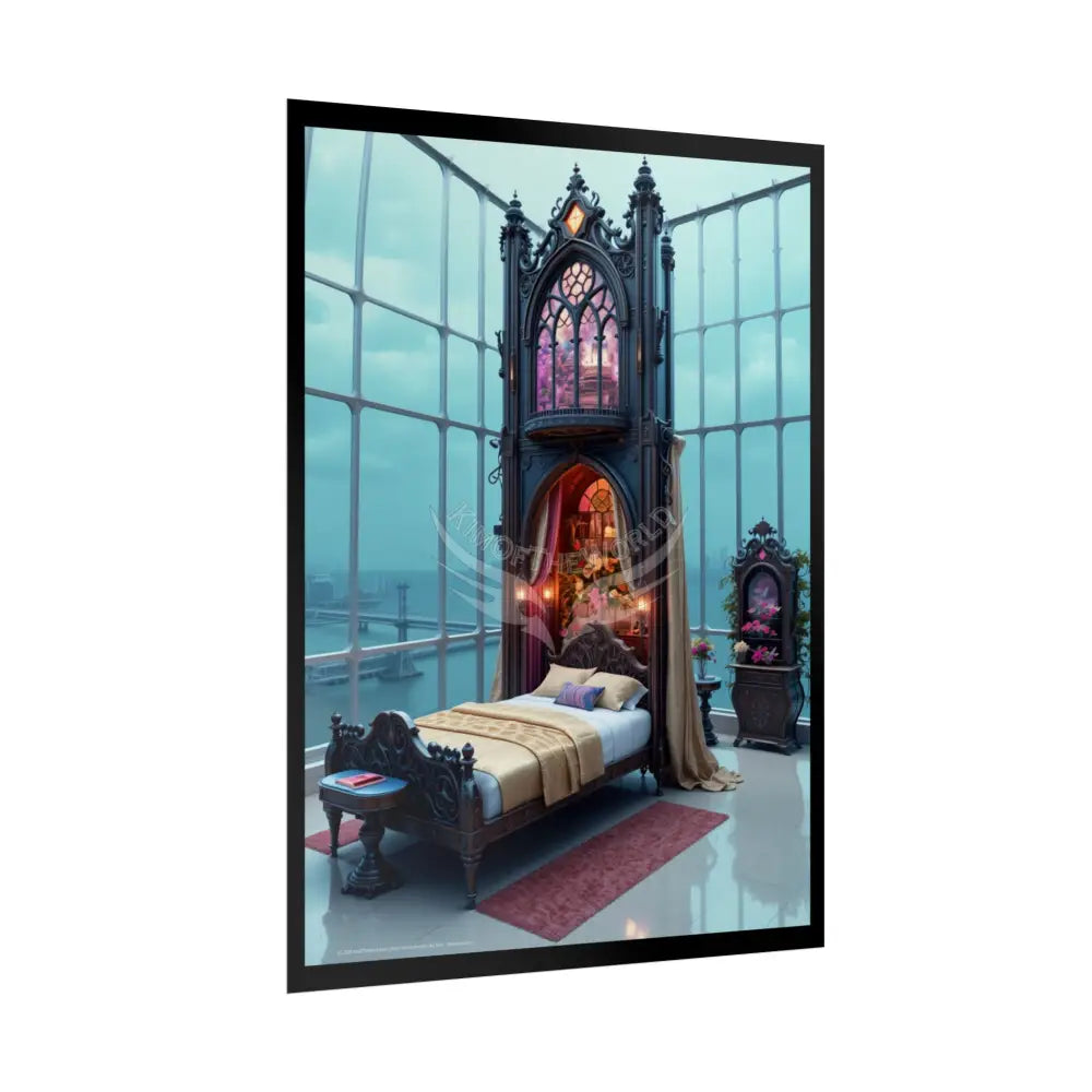 Renaissance Fantasy Gothic Palace Beach Bed Interior Rolled Poster — Antique Bedroom with Scenic Window Views Poster