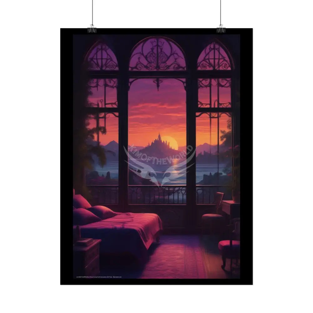 Renaissance Fantasy Gothic Palace Beach Bed Interior Rolled Poster — Antique Bedroom with Scenic Window Views Poster
