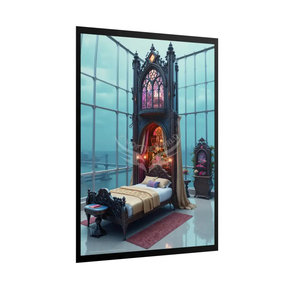 Renaissance Fantasy Gothic Palace Beach Bed Interior Rolled Poster — Antique Bedroom with Scenic Window Views Poster