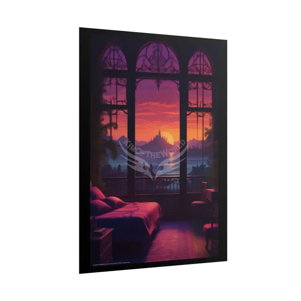 Renaissance Fantasy Gothic Palace Beach Bed Interior Rolled Poster — Antique Bedroom with Scenic Window Views Poster