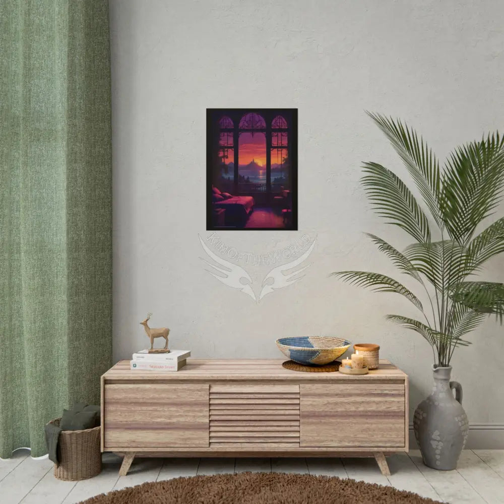 Renaissance Fantasy Gothic Palace Beach Bed Interior Rolled Poster — Antique Bedroom with Scenic Window Views Poster