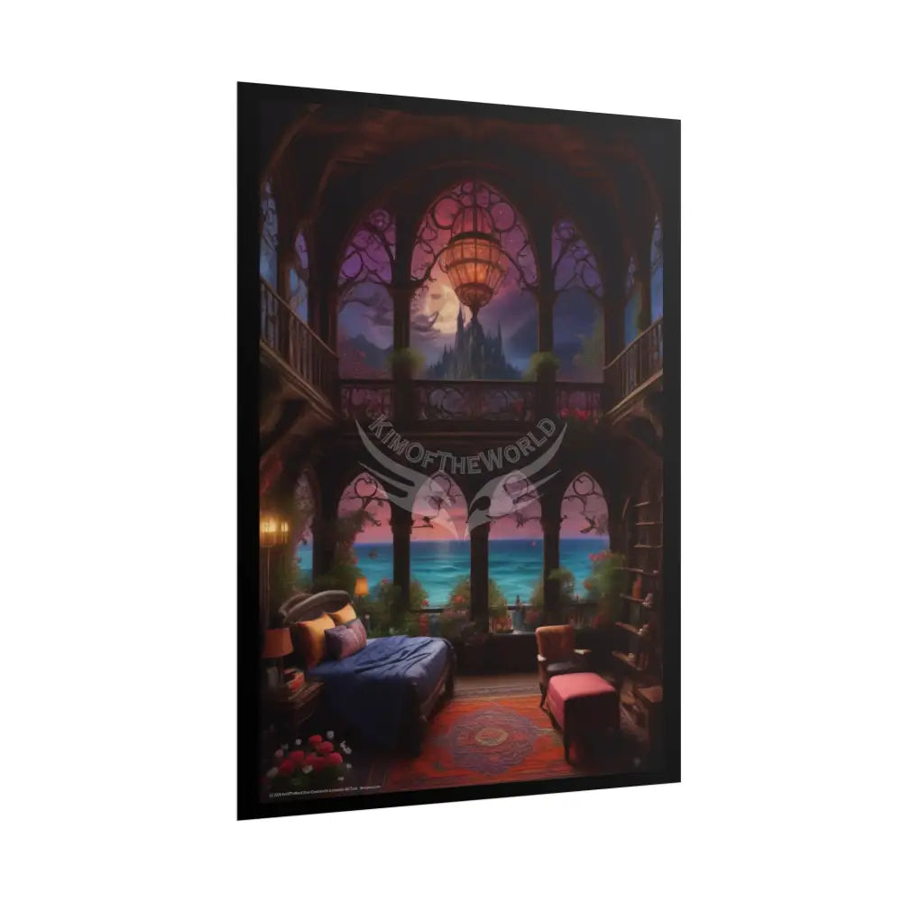 Renaissance Fantasy Gothic Palace Beach Bed Interior Rolled Poster — Antique Bedroom with Scenic Window Views Poster