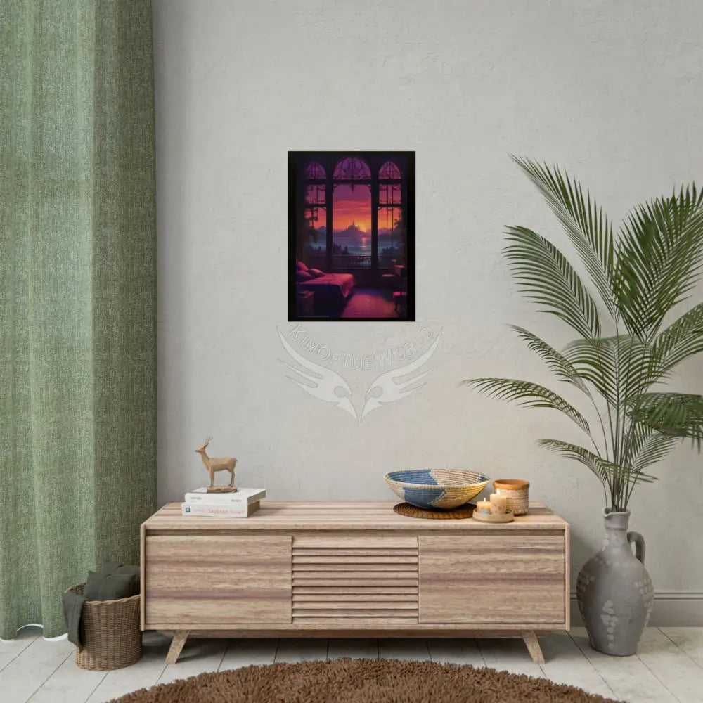 Renaissance Fantasy Gothic Palace Beach Bed Interior Rolled Poster — Antique Bedroom with Scenic Window Views Poster