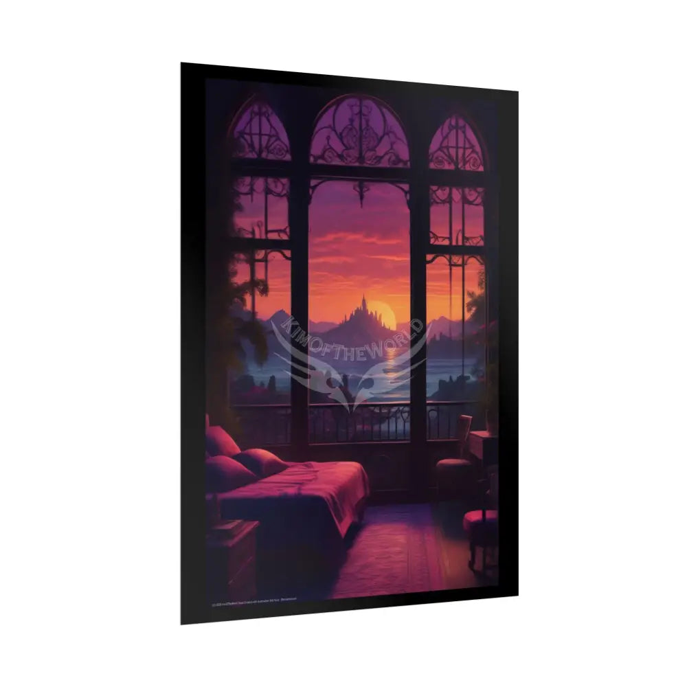 Renaissance Fantasy Gothic Palace Beach Bed Interior Rolled Poster — Antique Bedroom with Scenic Window Views Poster