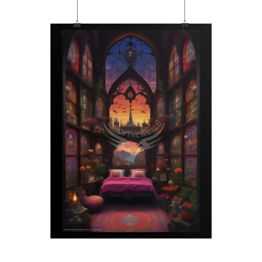 Renaissance Fantasy Interior Rolled Poster — Antique Bedroom with Scenic Window Views Poster