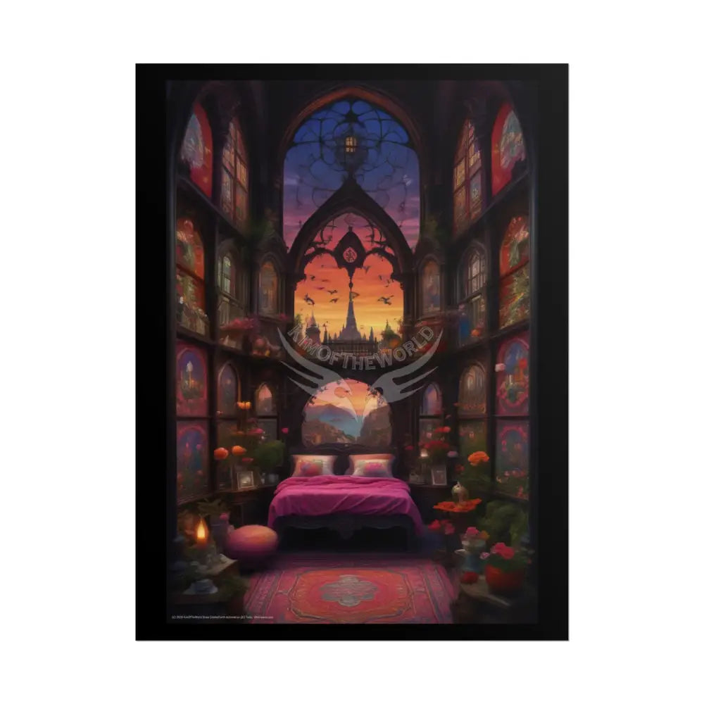 Renaissance Fantasy Interior Rolled Poster — Antique Bedroom with Scenic Window Views 18″ x 24″ (Vertical) / Matte