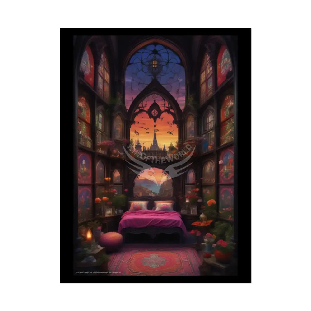 Renaissance Fantasy Interior Rolled Poster — Antique Bedroom with Scenic Window Views 18″ x 24″ (Vertical) / Semi