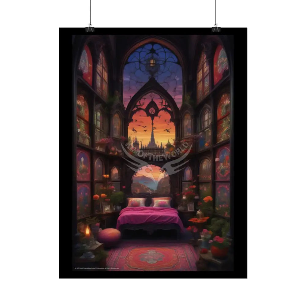 Renaissance Fantasy Interior Rolled Poster — Antique Bedroom with Scenic Window Views Poster